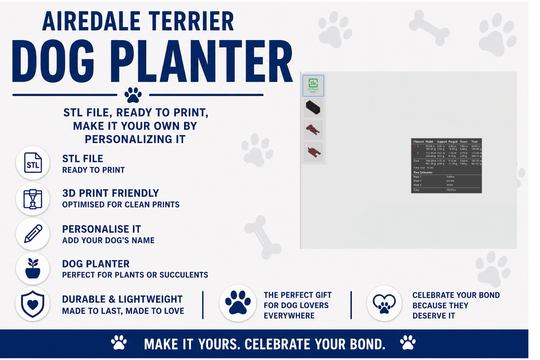 Airedale Terrier dog planter with text and icons on a white background