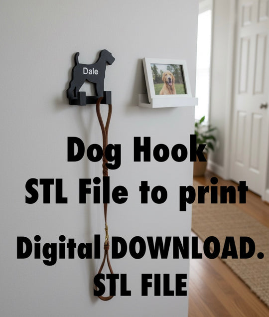 Personalised Airedale dog lead hook with name STL file, 3D printable dog leash holder digital download