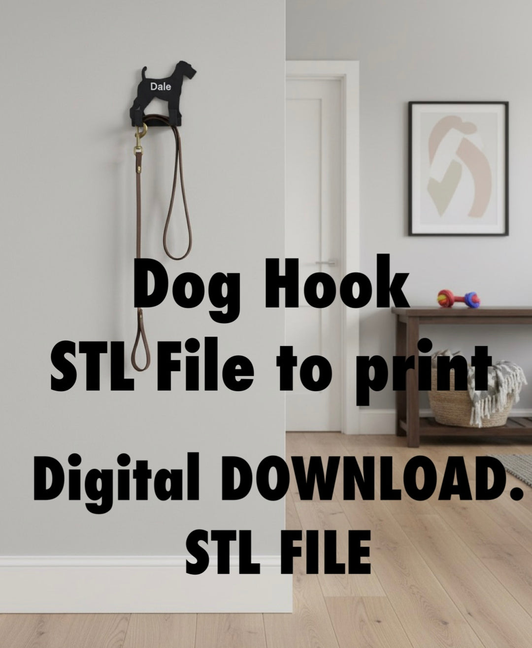 Dog hook on a stand with text overlay about STL file digital download in a room setting.