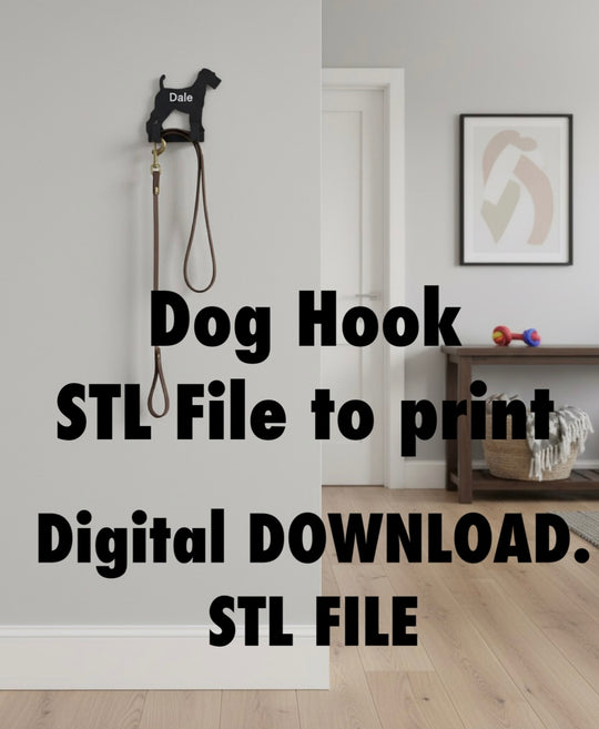 Dog hook on a stand with text overlay about STL file digital download in a room setting.