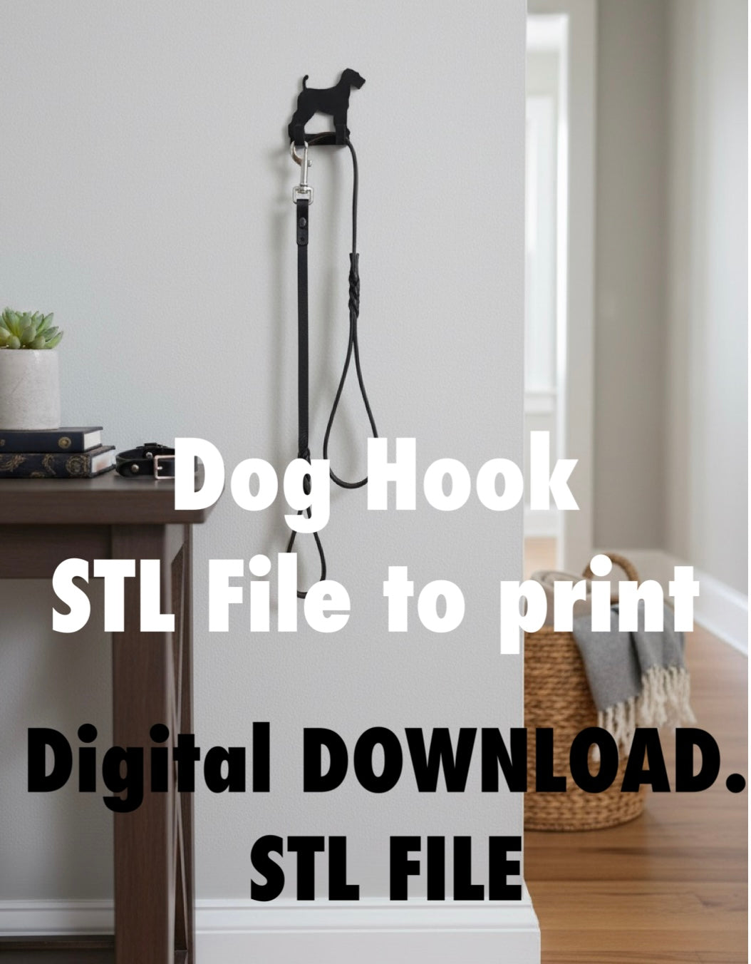 Personalised Airedale dog lead hook with name STL file, 3D printable dog leash holder digital download