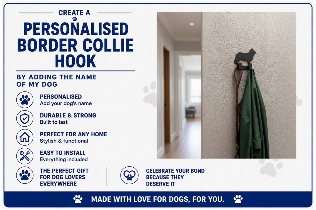 Advertisement for a personalized Border Collie hook with text and a photo of a hook on a wall.
