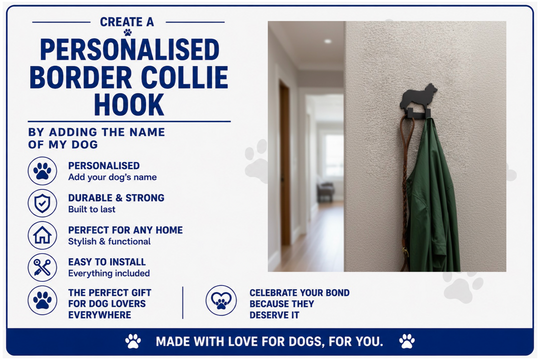 Advertisement for a personalized Border Collie hook with text and a photo of a hook on a wall.