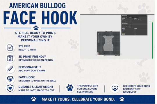 Advertisement for an American Bulldog face hook with 3D printing information and promotional text.
