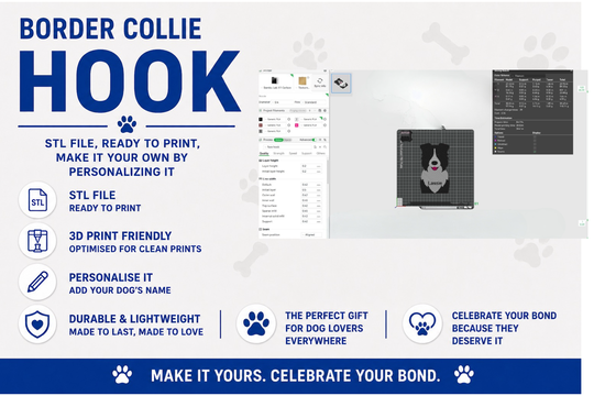 3D printing software interface with a 3D model of a Border Collie dog on a white background.