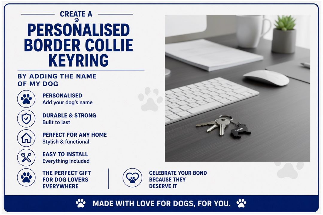 Advertisement for a personalized Border Collie keyring with text and product image on a desk.