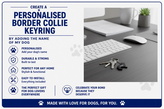 Advertisement for a personalized Border Collie keyring with text and product image on a desk.
