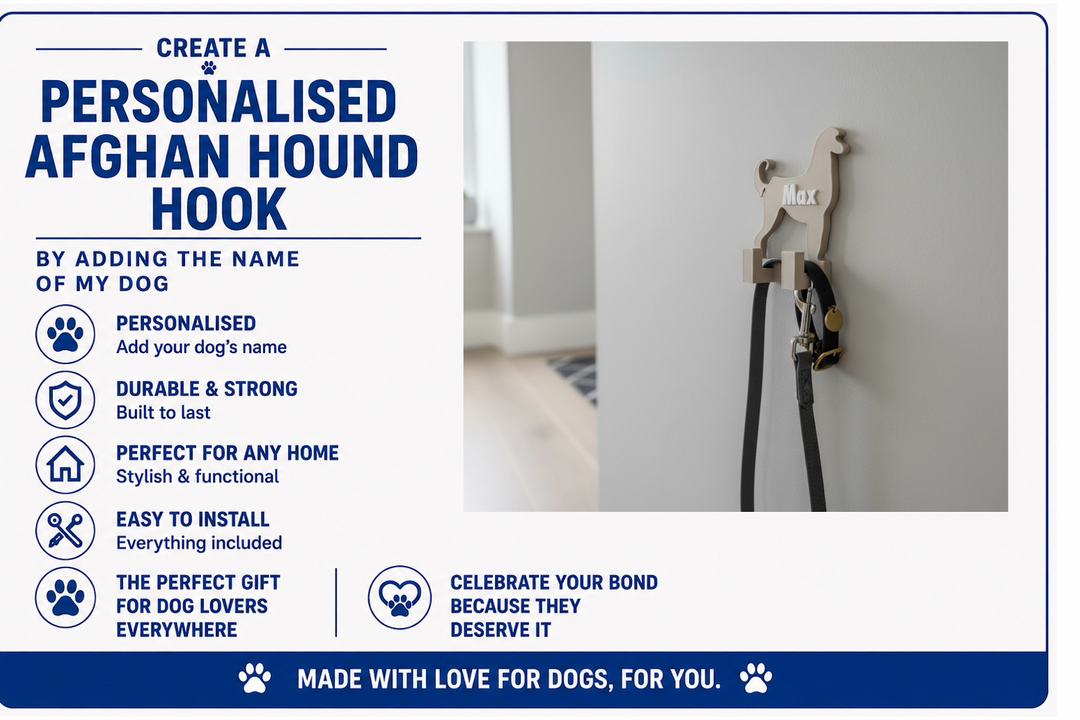 Personalized Afghan Hound hook with text detailing features and benefits on a white background.