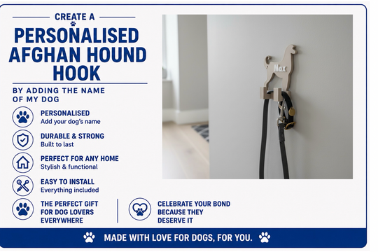 Personalized Afghan Hound hook with text detailing features and benefits on a white background.