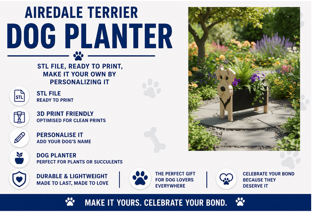 Airedale Terrier dog planter with garden setting and product details.