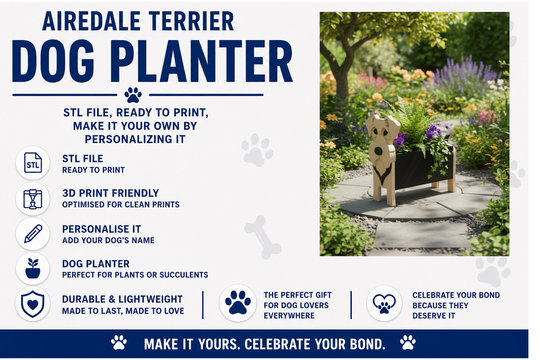 Airedale Terrier dog planter with garden setting and product details.