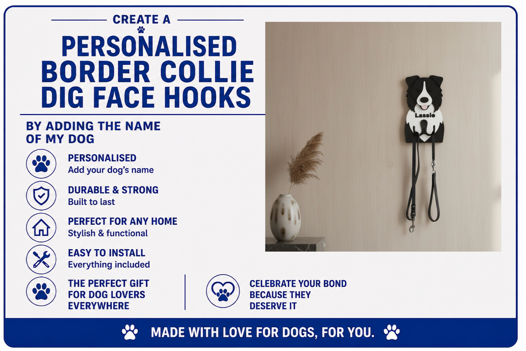 Advertisement for personalized Border Collie dog face hooks with product features listed.