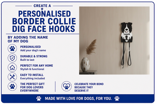 Advertisement for personalized Border Collie dog face hooks with product features listed.