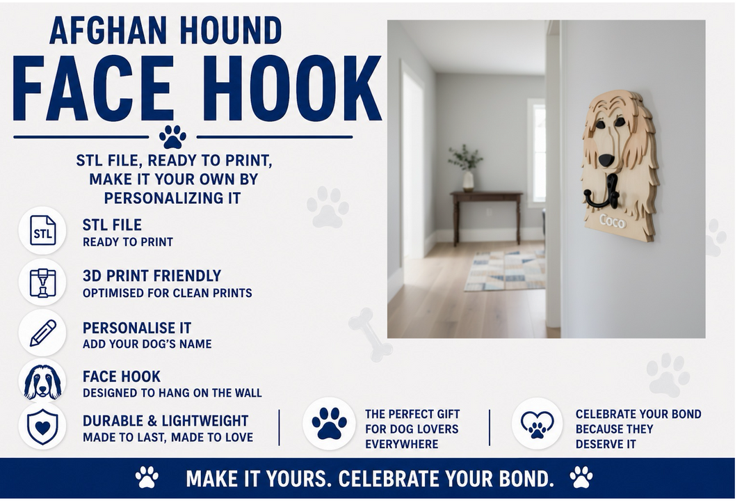 Advertisement for Afghan Hound face hook with product details and a sample installation on a wall.