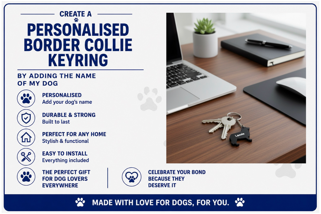 Advertisement for a personalized Border Collie keyring with laptop and desk setup.