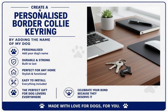 Advertisement for a personalized Border Collie keyring with laptop and desk setup.