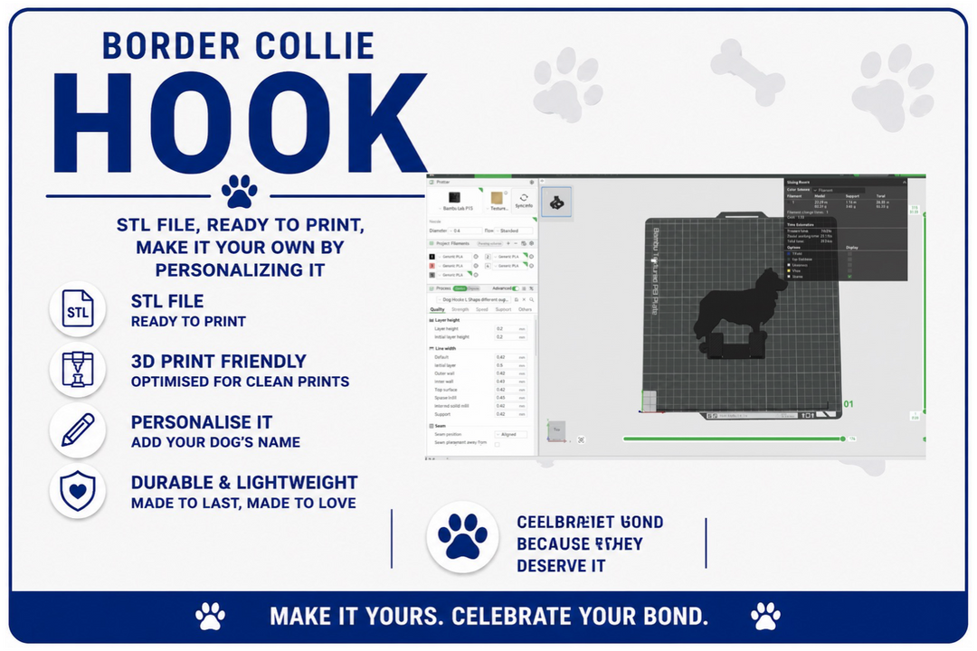 3D printing software interface with a Border Collie design and text about the product.