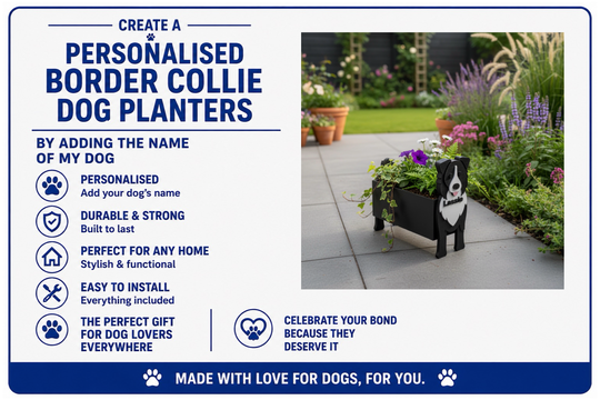 Advertisement for personalized Border Collie dog planters with a planter featuring a dog design on a patio.