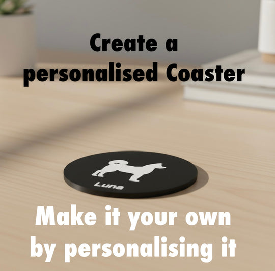 Akita 3D Printed Dog Coaster. Black coaster with a Akita dog and 'Luna' text on a wooden surface, with text overlay promoting personalization.