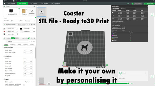 Akita Coaster STL File For 3D Printing.  3D printing software interface with a coaster design and text encouraging personalization.