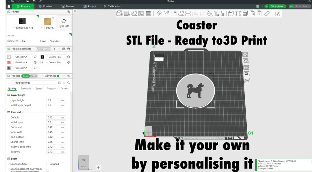 Akita Coaster STL File For 3D Printing. 3D printing software interface with a coaster design and text 'Coaster STL File - Ready to 3D Print'.