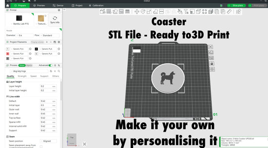Akita Coaster STL File For 3D Printing. 3D printing software interface with a coaster design and text 'Coaster STL File - Ready to 3D Print'.