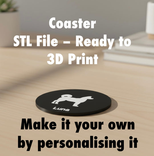 Akita Coaster STL File For 3D Printing. Black coaster with 'Luna' design on a wooden surface, text indicating it's an STL file for 3D printing.