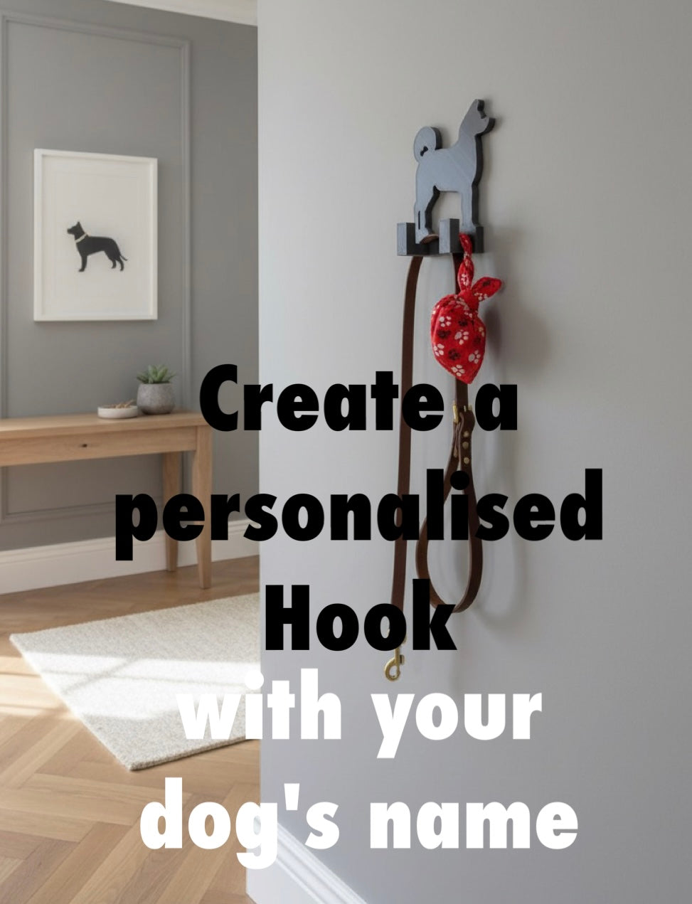 Akita 3D Printed Dog Wall Hook. Decorative hook with Akita dog design on a wall in a home setting.