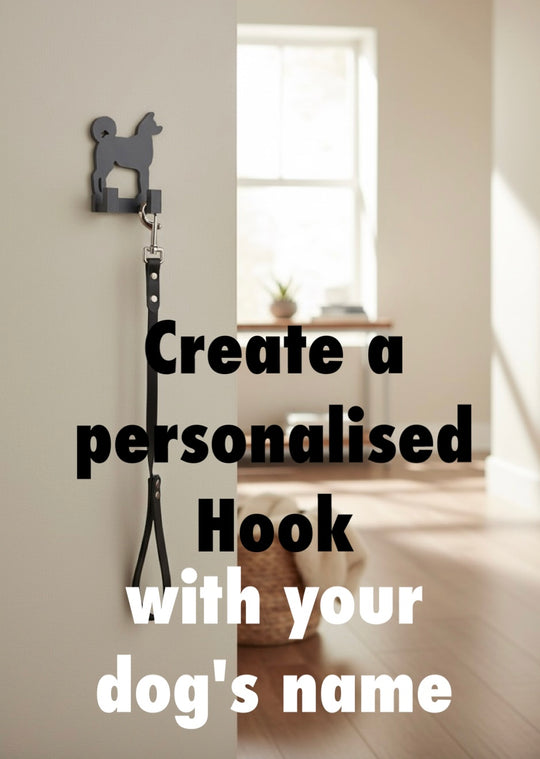 Akita 3D Printed Dog Wall Hook Personalised Akita dog hook on a wall with text overlay in a room.