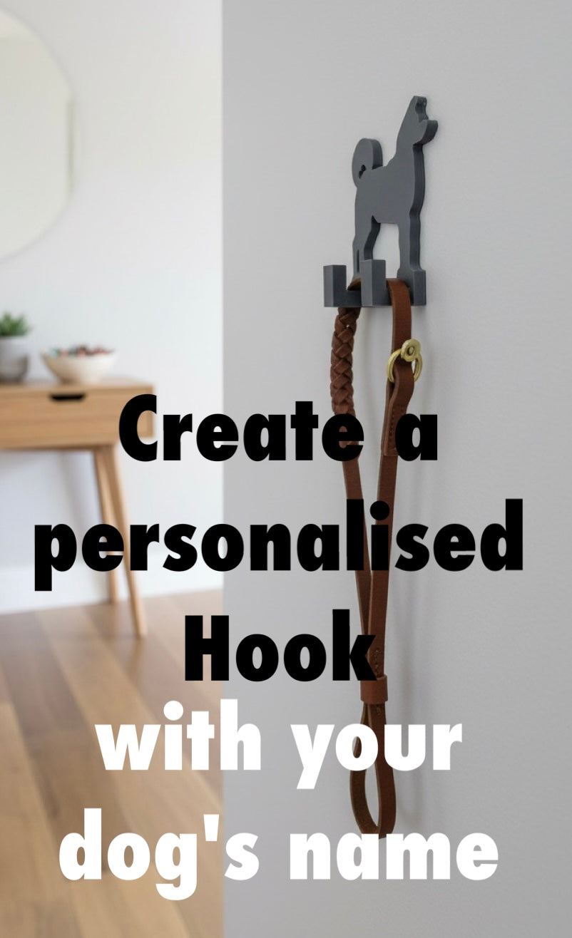 Akita 3D Printed Dog Wall Hook. Akita dog hook on a white wall with text overlay