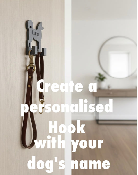 Akita 3D Printed Dog Wall Hook. Personalised Akita dog hook with leather leash on a wall in a room.