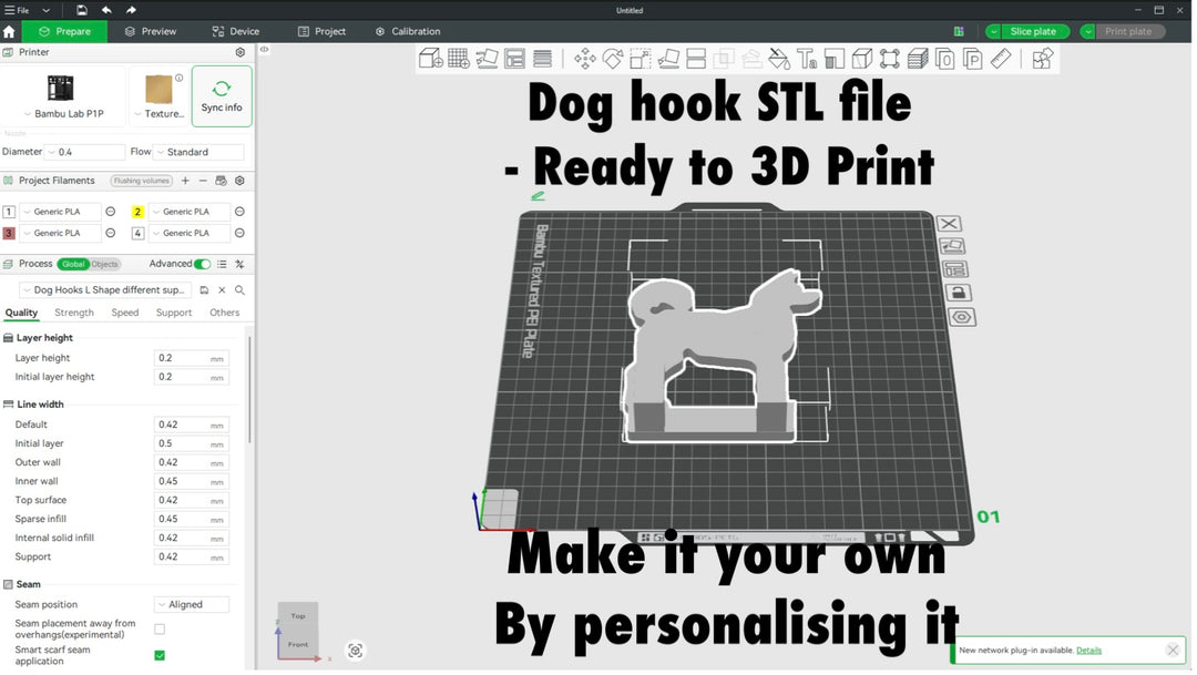 Akita Wall Hook STL File for 3D Printing. Dog hook STL file on a 3D printing software interface with text 'Dog hook STL file - Ready to 3D Print'.