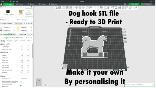 Akita Wall Hook STL File for 3D Printing. Dog hook STL file on a 3D printing software interface with text 'Dog hook STL file - Ready to 3D Print'.