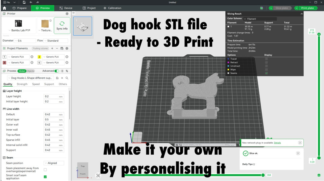 Akita Wall Hook STL File for 3D Printing. 3D printing software interface with a dog hook STL file for 3D printing