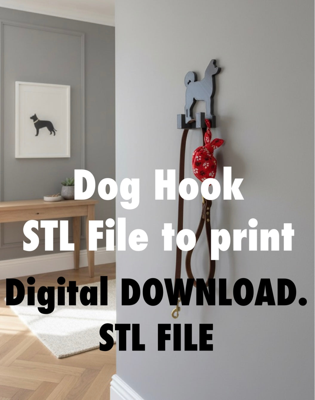 Akita Wall Hook STL File for 3D Printing. Dog hook on a wall with text about STL file digital download
