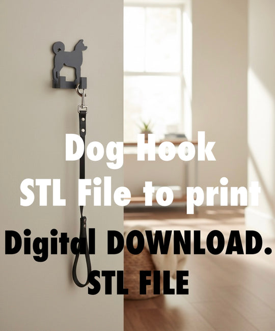 Akita Wall Hook STL File for 3D Printing Dog hook with leash on a wall in a room setting, with text about STL file digital download.