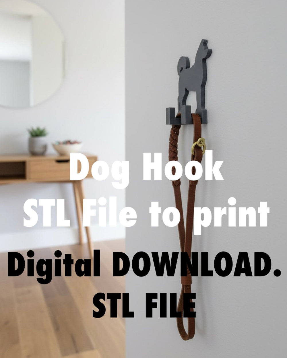Akita Wall Hook STL File for 3D Printing. Dog hook with leather strap on a wall in a room with a desk and plant.