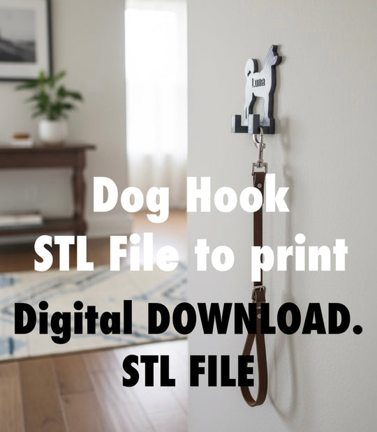 Akita Wall Hook STL File for 3D Printing. Dog hook with leash on a wall in a room setting, with text about STL file availability.