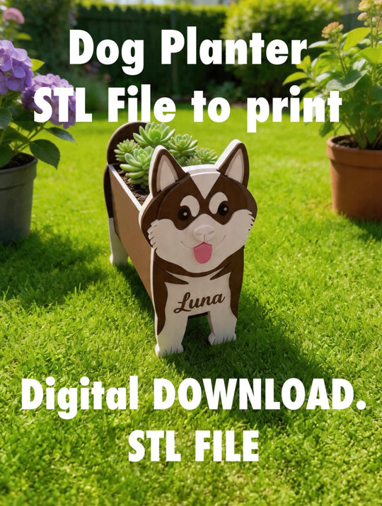 Akita Dog Planter STL File 3D Printing. Akita Dog planter with 'Luna' on a grassy background, digital download STL file text overlay.