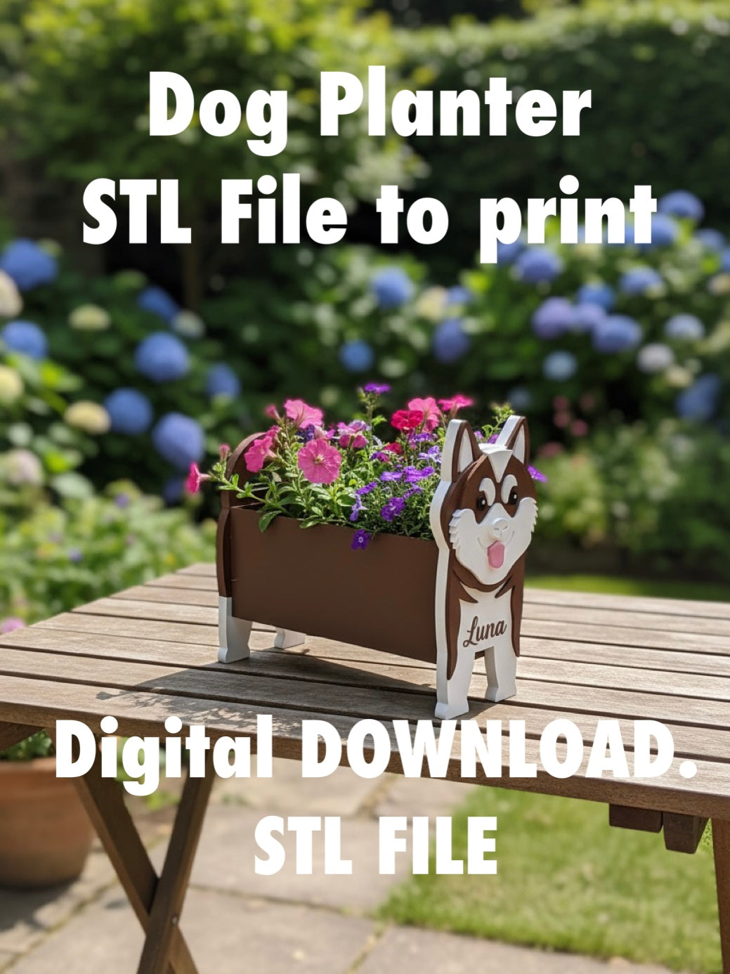 Akita Dog Planter STL File 3D Printing. Akita Dog planter with flowers on a wooden table outdoors