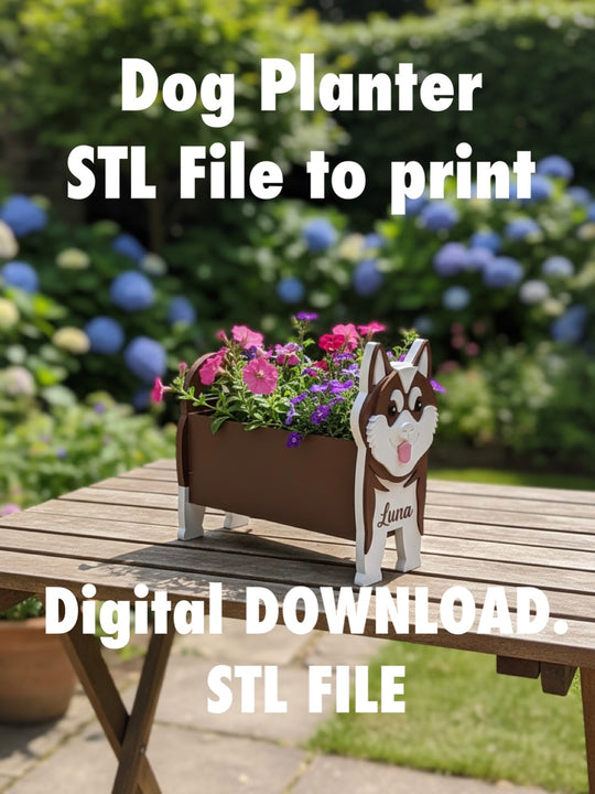 Akita Dog Planter STL File 3D Printing. Akita Dog planter with flowers on a wooden table outdoors
