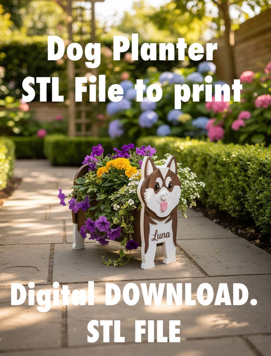Akita Dog Planter STL File 3D Printing. Akita Dog planter with flowers on a patio, with text about STL file digital download.