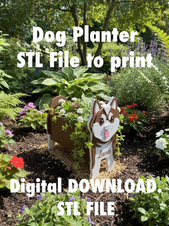 Akita Dog Planter STL File 3D Printing. Akita Dog planter with 'Luna' on a garden background, labeled as an STL file for printing.