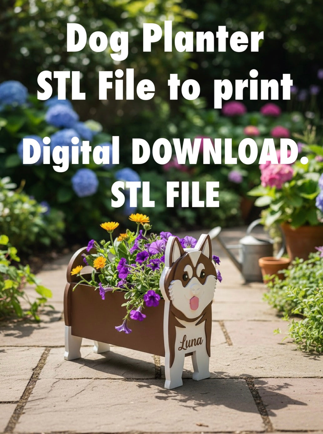 Akita Dog Planter STL File 3D Printing. Akita Dog planter with flowers on a patio, surrounded by garden plants and flowers.