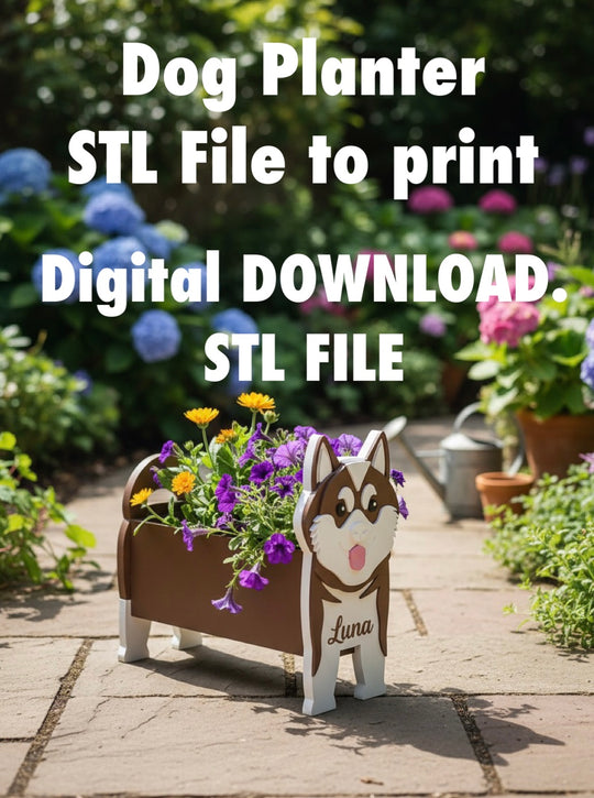 Akita Dog Planter STL File 3D Printing. Akita Dog planter with flowers on a patio, surrounded by garden plants and flowers.