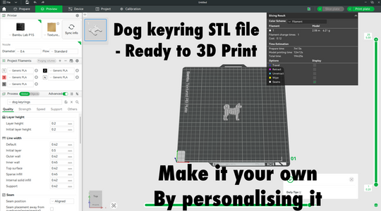 Akita Keyring  STL File 3D Printing. Computer screen displaying a 3D printing software interface with a dog keyring design.
