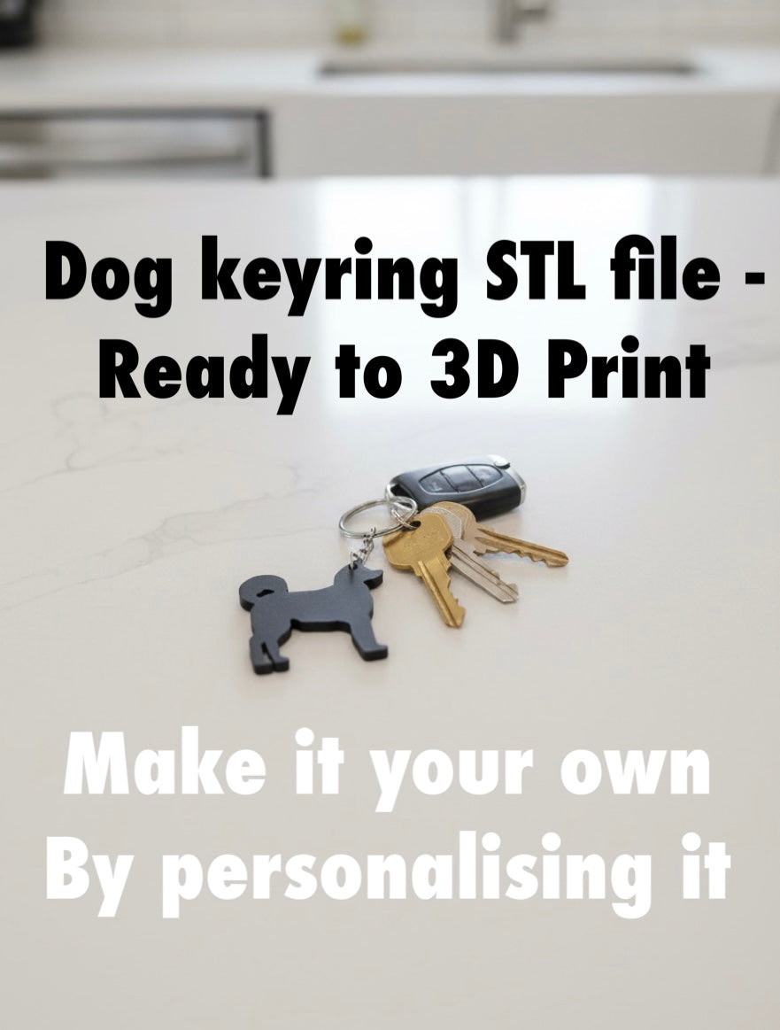 Akita Keyring  STL File 3D Printing. Akita keychain with keys on a white surface, text about STL file availability for 3D printing.