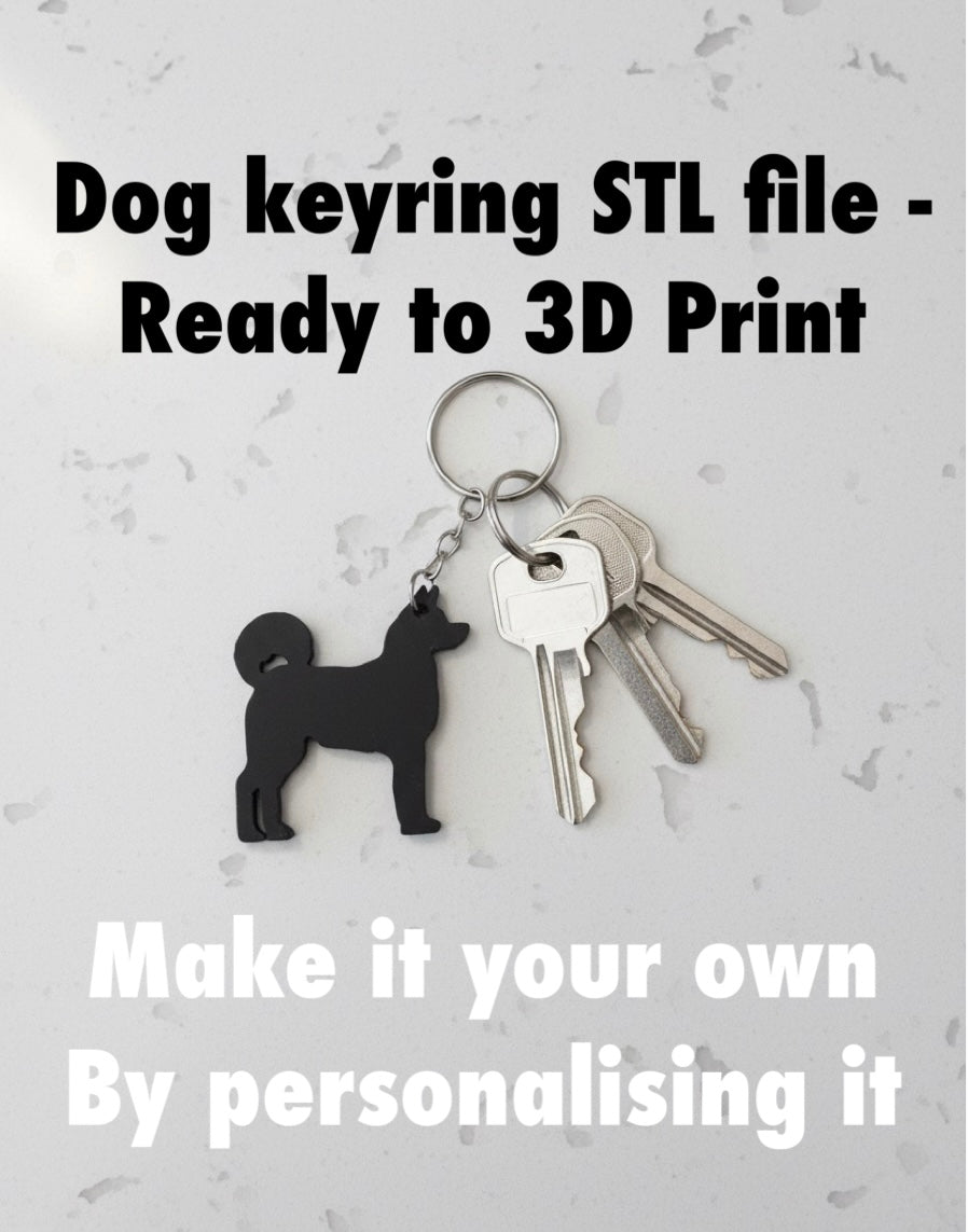 Akita Keyring  STL File 3D Printing. Akita keychain STL file on a keychain with keys against a light gray background