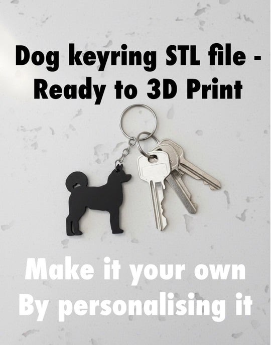 Akita Keyring  STL File 3D Printing. Akita keychain STL file on a keychain with keys against a light gray background