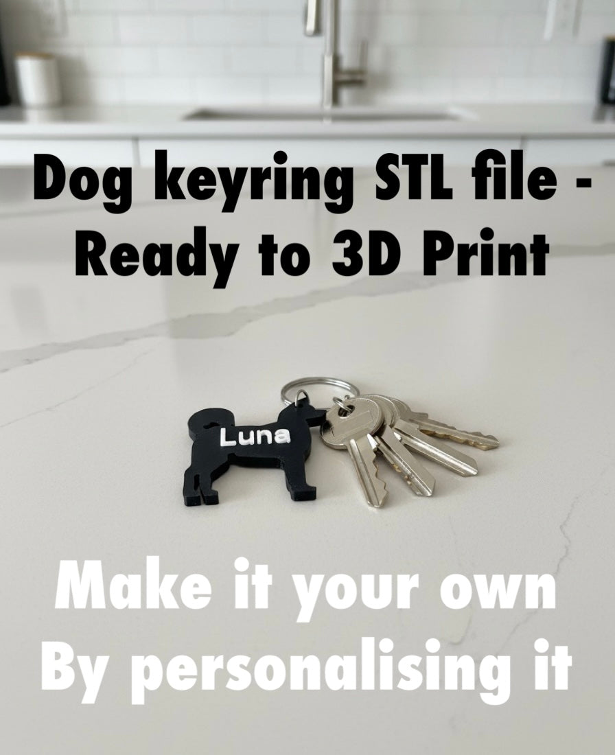 Akita Keyring  STL File 3D Printing. Akita shaped keychain on a set of keys with text about STL file availability for 3D printing.